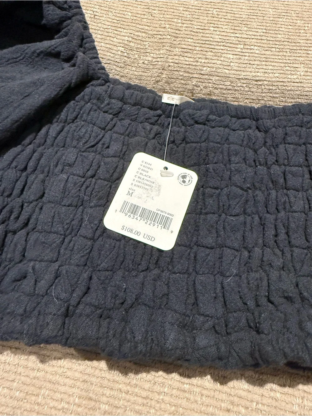 Free People NWT Smocked Puff-Sleeve Crop Top - Black M $108